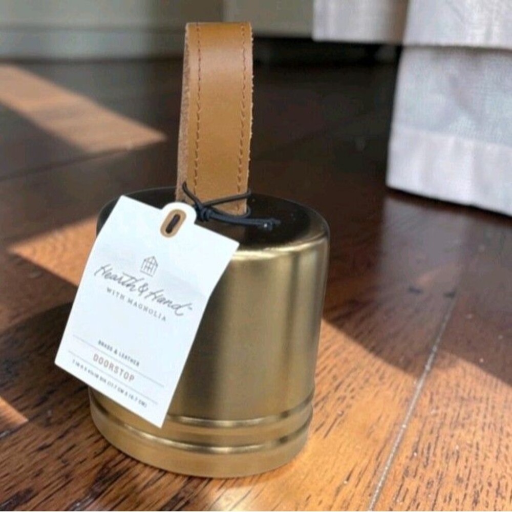 New Hearth & Hand With Magnolia Brass Tone Leather Handle Doorstop Stay 4 lbs